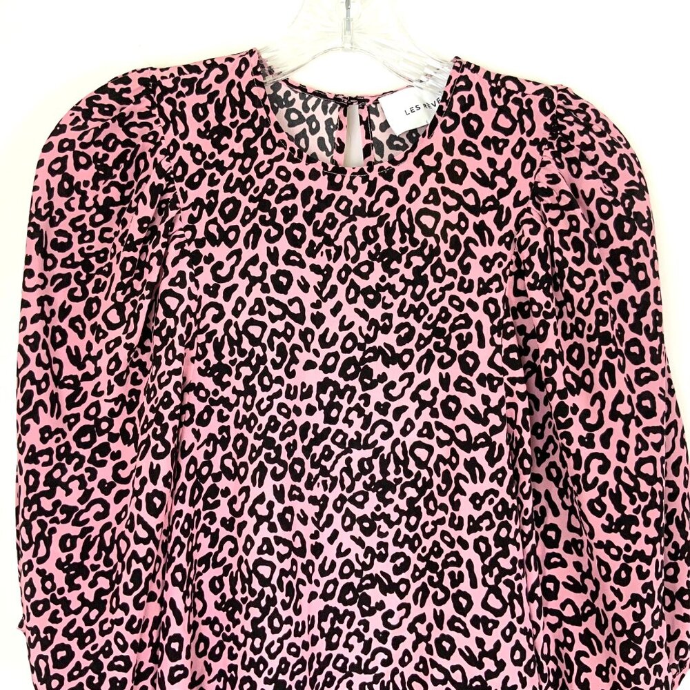 New Les Reveries Silk Balloon Sleeve Animal Leopard Print Blouse Pink Size 4 - Picture 5 of 16